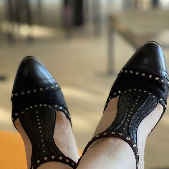 LANVIN blk & brn satin & leather with rhinestones HEELS with a buckle shoes ๐HP - Picture 9 of 13